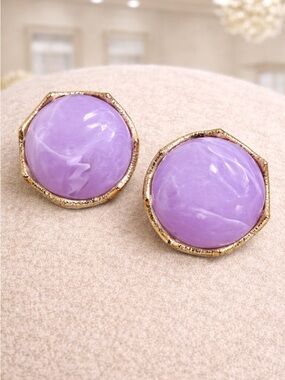 Vintage Silver Tone Purple Faux Stone Cabochon Marble Design Clip on Earrings